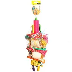 Avi One Bird Toy Loofa With Rattan Ball Raffia & Wooden Beads - 38cm